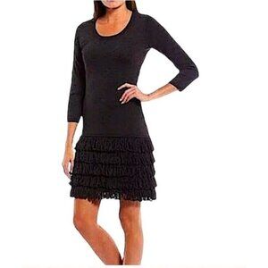 New Soft Surroundings Black  Theodora 3/4 Sleeve Sweater Dress Wool Fringe Sz S